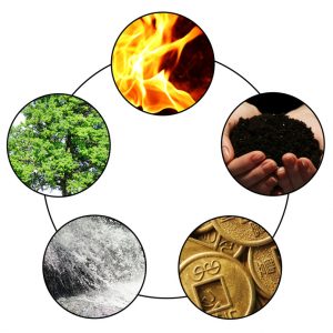 Collage of Feng Shui destructive cycle with five elements (water, wood, fire, earth, metal)